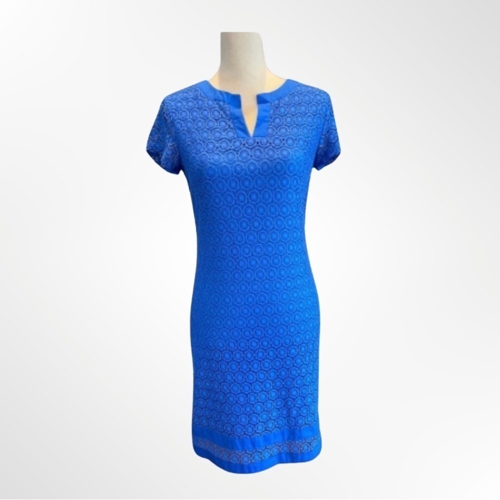 Isaac Mizrahi Live Short Sleeve Blue Eyelet Lace Sheath Dress Size XS